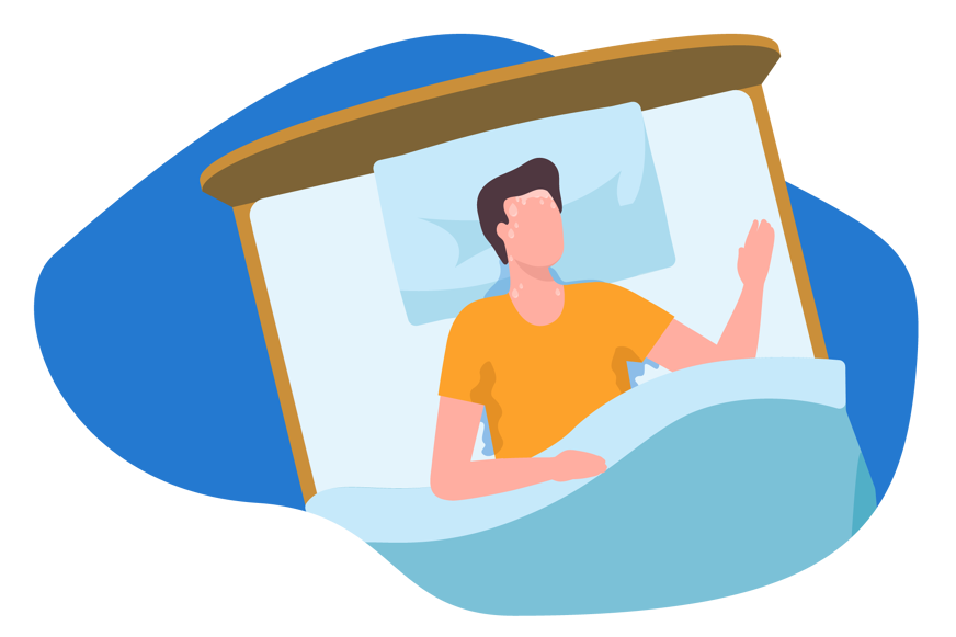 Schwitzender Mann im Bett